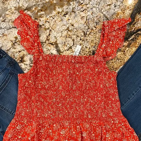 NWT Madewell Fresh Chili Red Lucie Floral Smocked Peplum Top - Picture 6 of 10